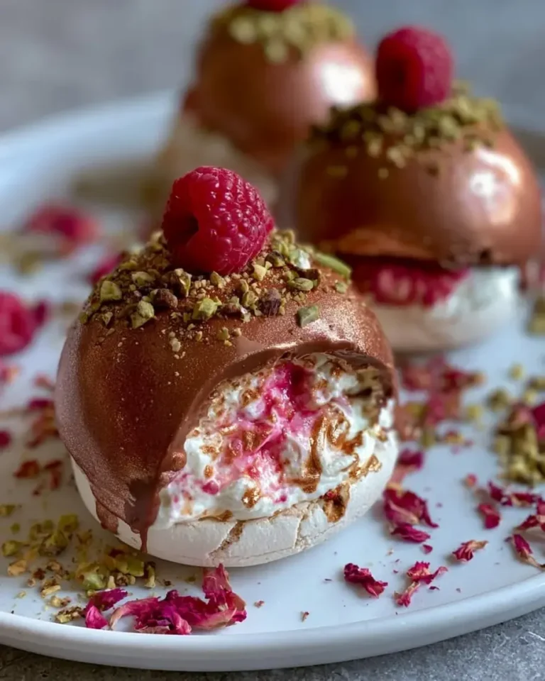 Rose Gold Pistachio Pavlova Bombs with Raspberry Cream