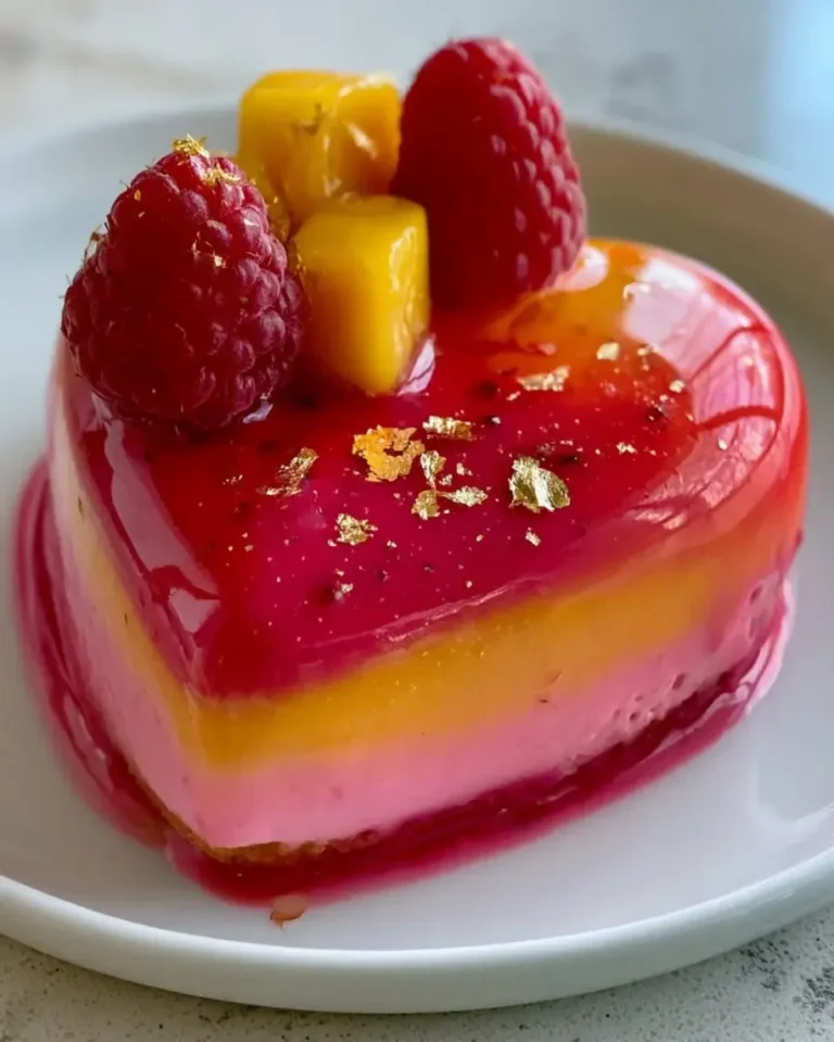 Mango Raspberry Silk Hearts with Sunset Mirror Glaze