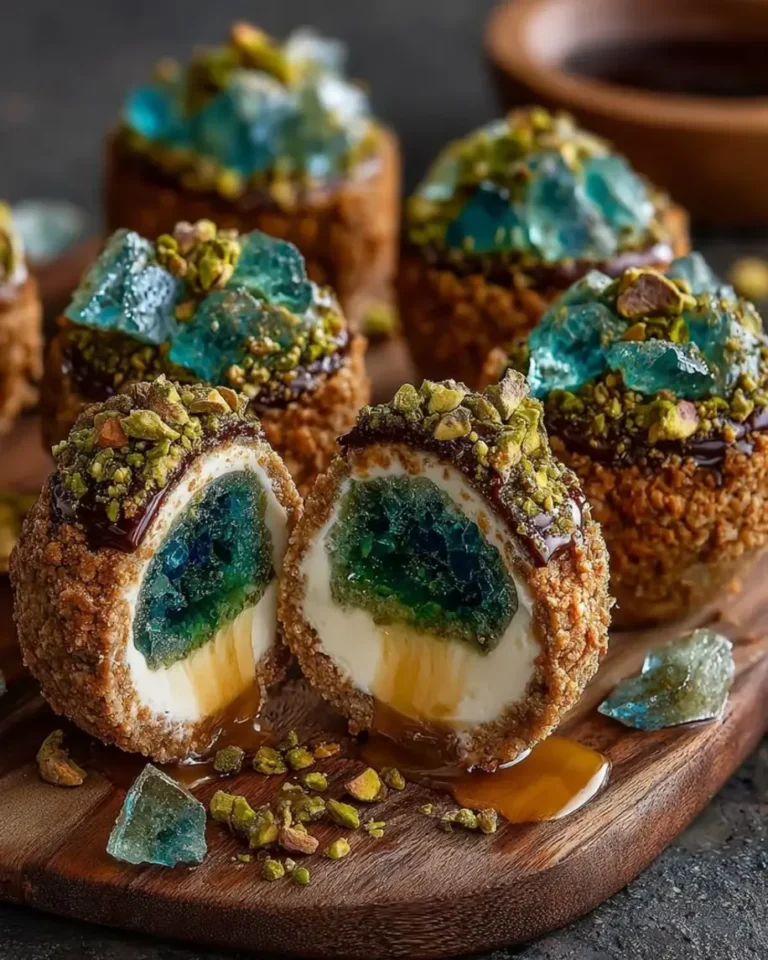 Pistachio Emerald Geode Cheesecake Bombs with Honey Core