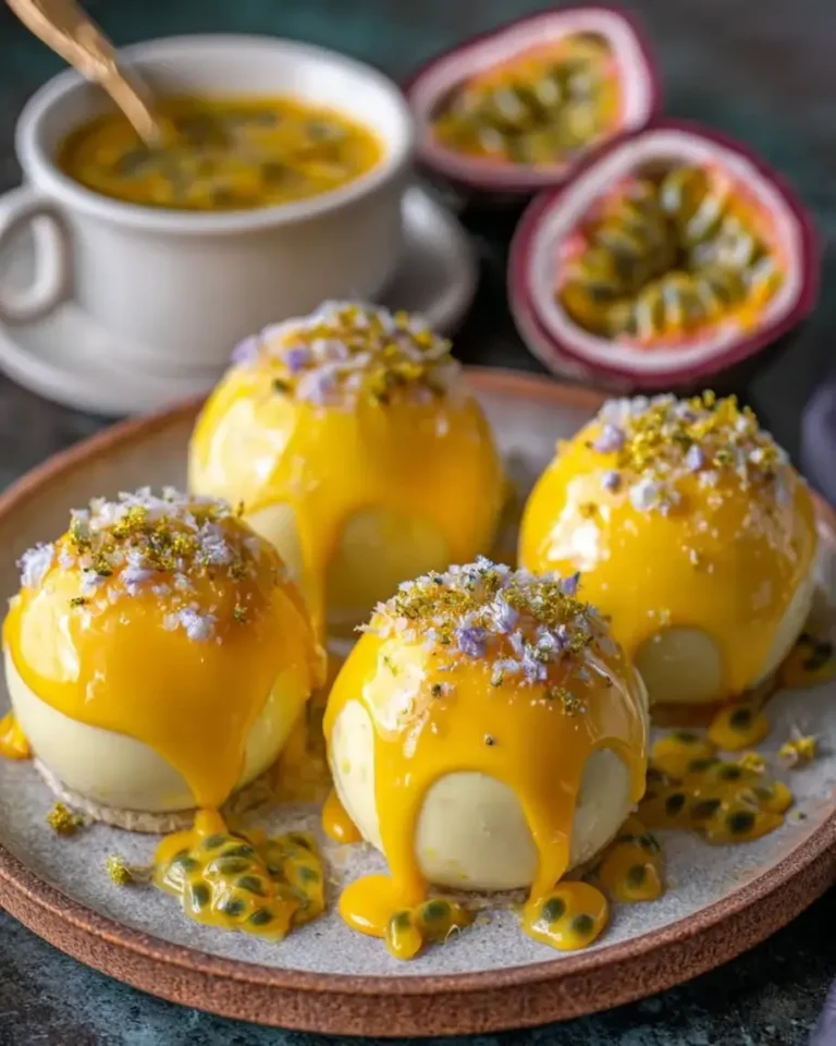 Golden Mango Passionfruit Cheesecake Bombs with Mirror Glaze