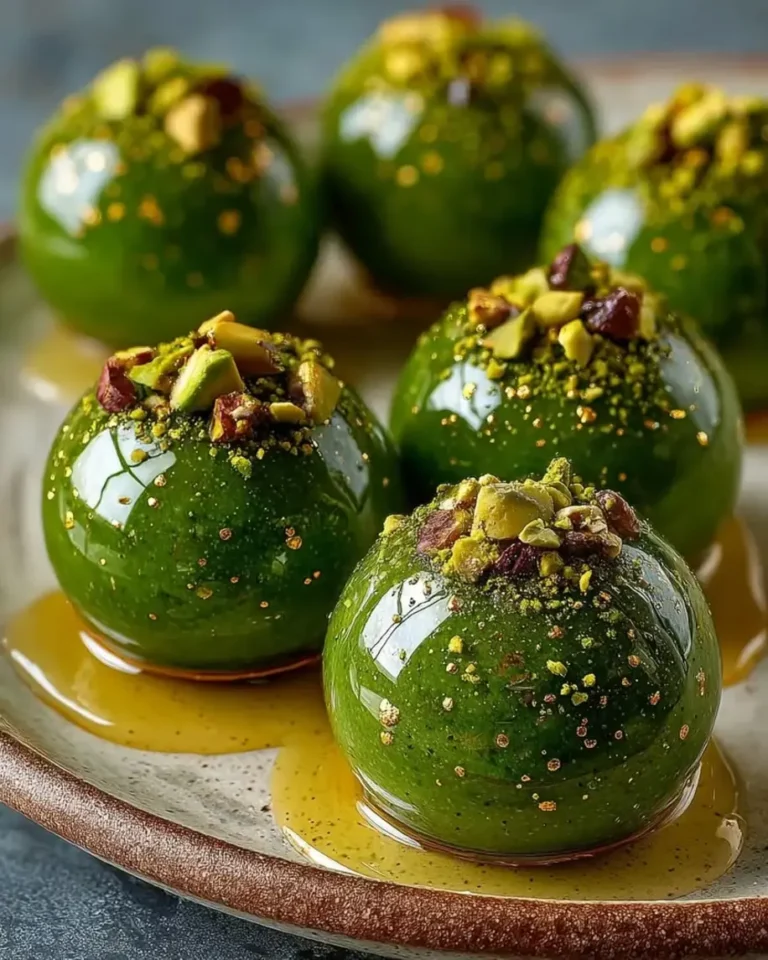 Emerald Matcha Praline Spheres with Gold Mirror Glaze