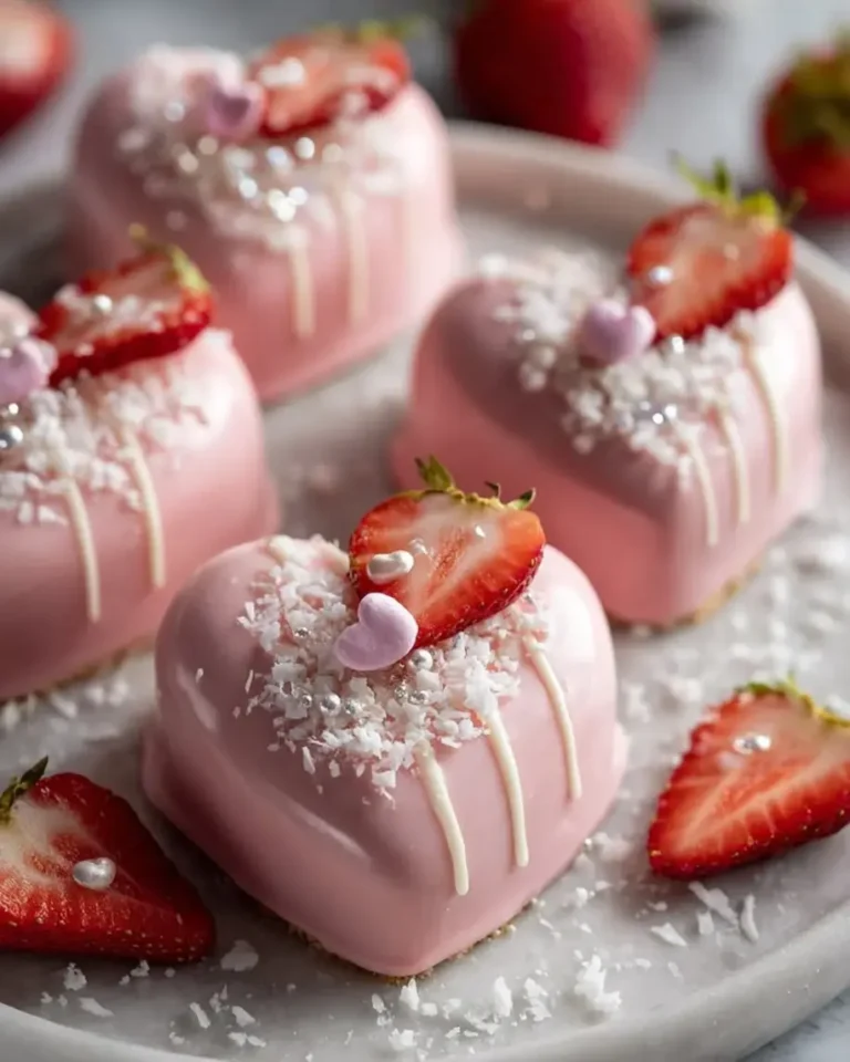 Strawberry Coconut Silk Hearts with Pearl Glaze