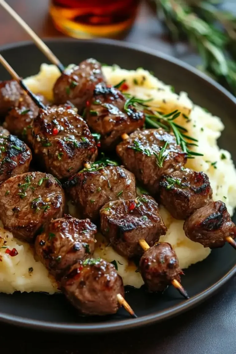 Whiskey-Glazed Rosemary Lamb Skewers with Mashed Potatoes