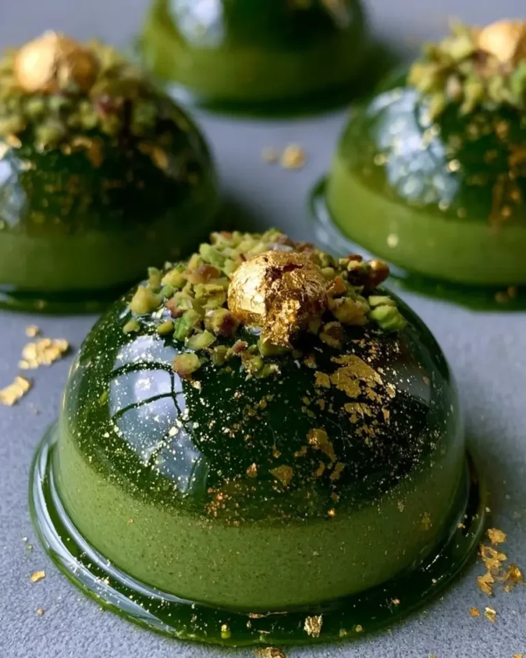 Matcha Pistachio Jewel Domes with Golden Praline