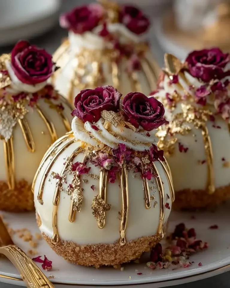 Velvet Vanilla Rose Cheesecake Bombs with Gold Mirror Glaze