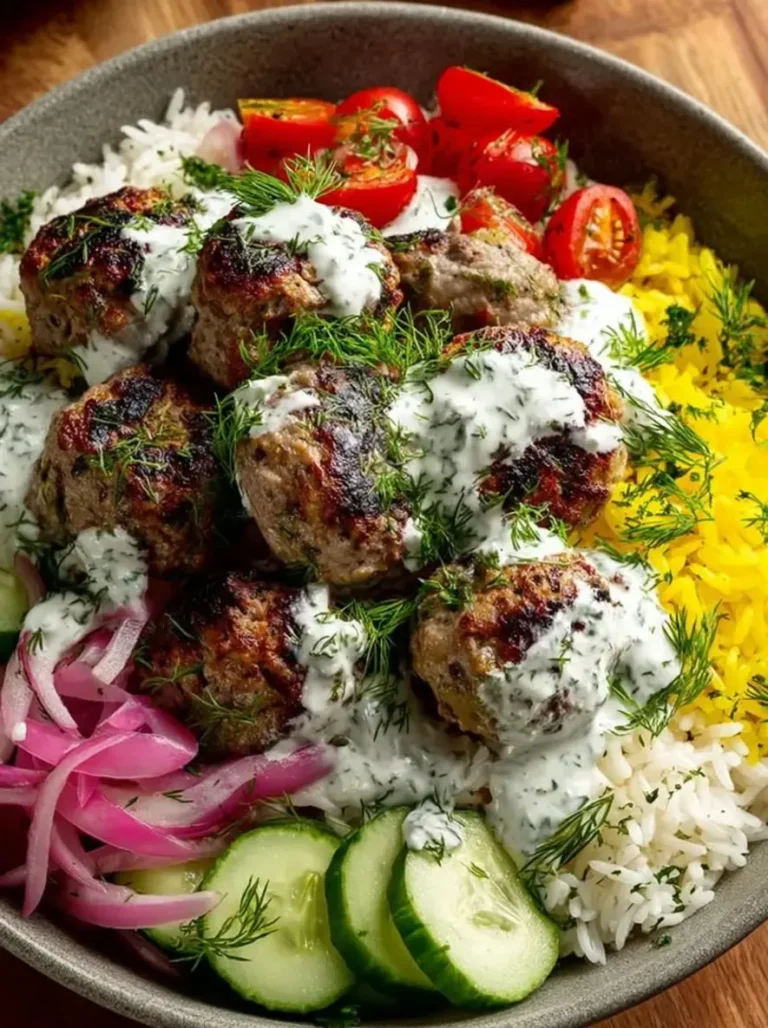 Golden Saffron Rice Bowl with Mediterranean Meatballs