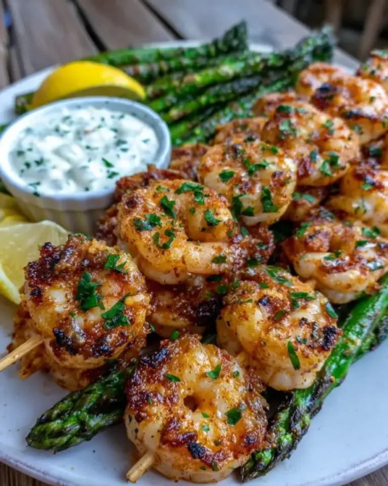 Sheet Pan Garlic Butter Shrimp Skewers with Asparagus