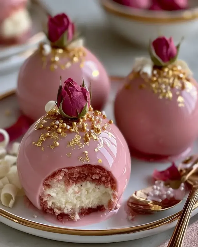 Velvet Vanilla Rose Cheesecake Bombs with Gold Glaze