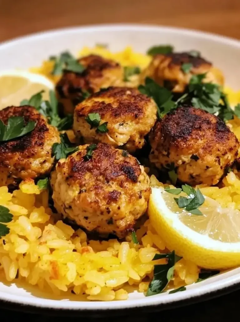 Super Flavorful Chicken Meatballs on Spiced Golden Rice