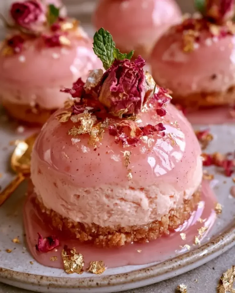Velvet Vanilla Rose Cheesecake Bombs with Gold Mirror Glaze