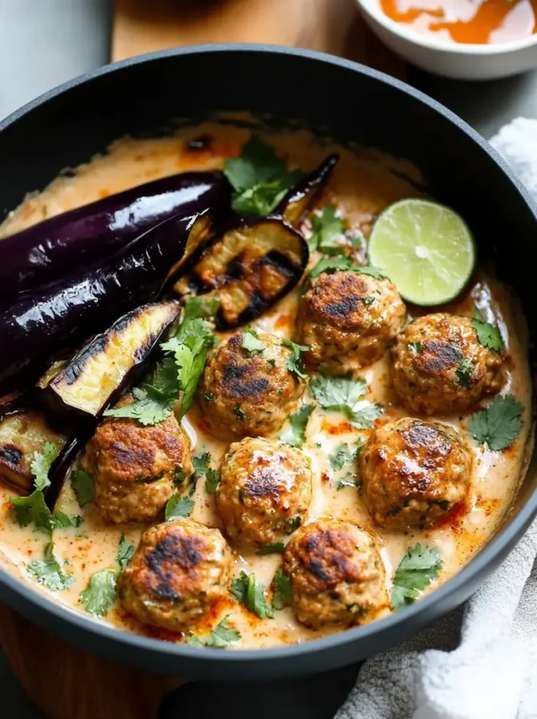 Golden Coconut Curry Chicken Meatballs with Charred Eggplant